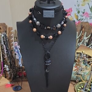 Elegant Black and Gold Beaded Necklace And Bracelets Bundle.